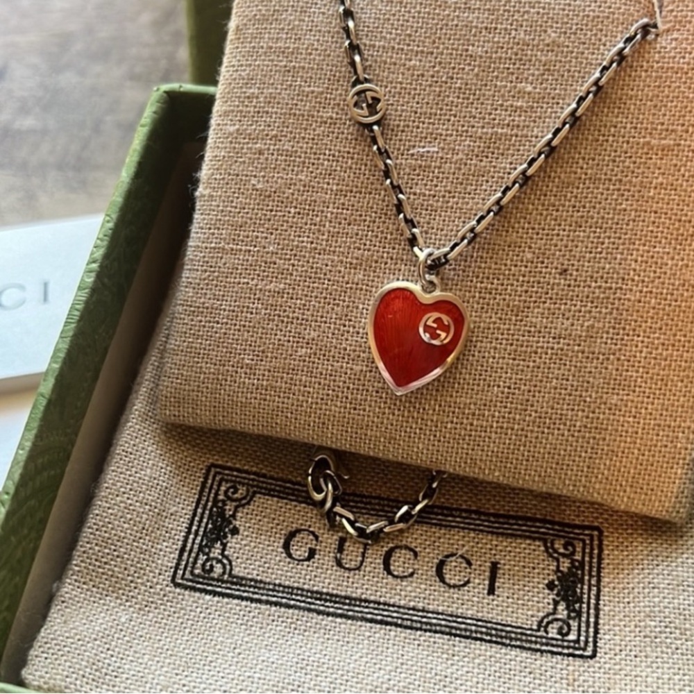Gucci Sterling Silver Red Enamel Heart Pendant Necklace Double G